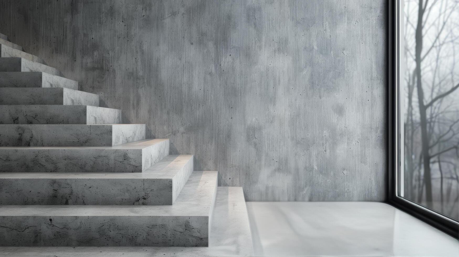 Modern Concrete Staircase With Large Window Overlooking Foggy Landscape photo