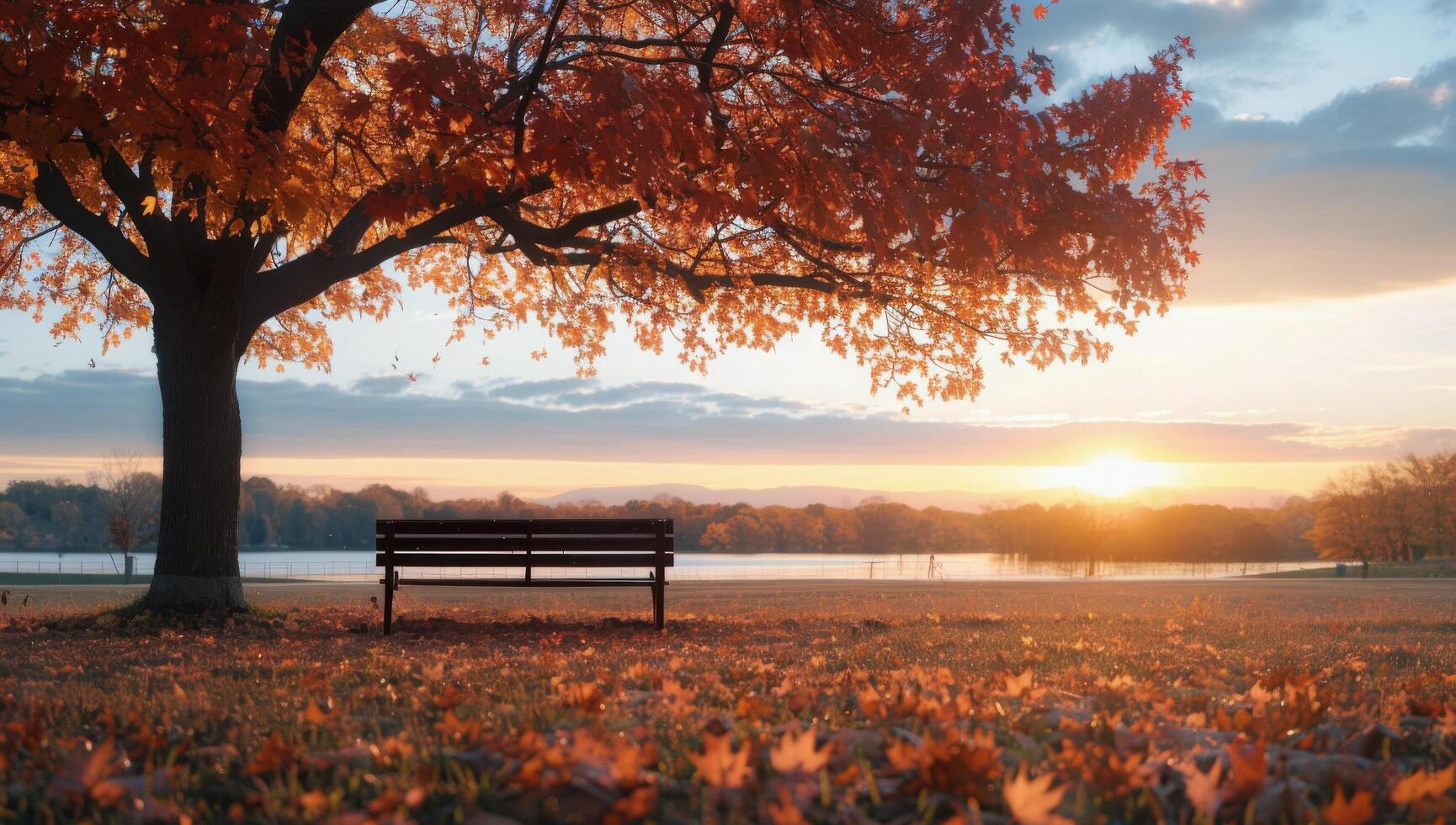 Autumn Sunset Over Park Bench in Open Field photo