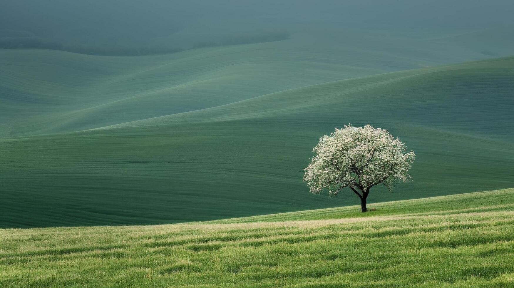 Lonely Blossom Tree on a Rolling Green Hill Under Clear Blue Sky photo