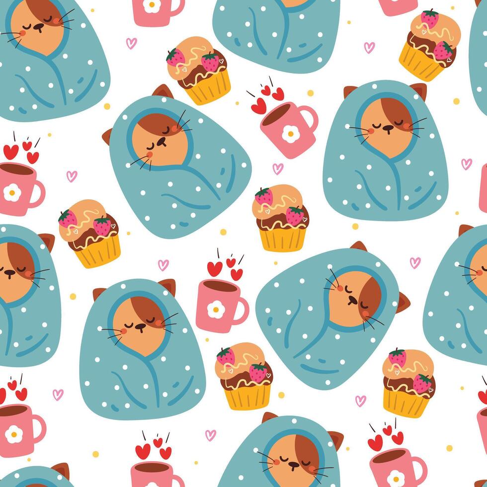 cute seamless pattern cartoon cat wrapped in blanket with dessert and hot chocolate. cute animal pattern for gift wrap paper vector