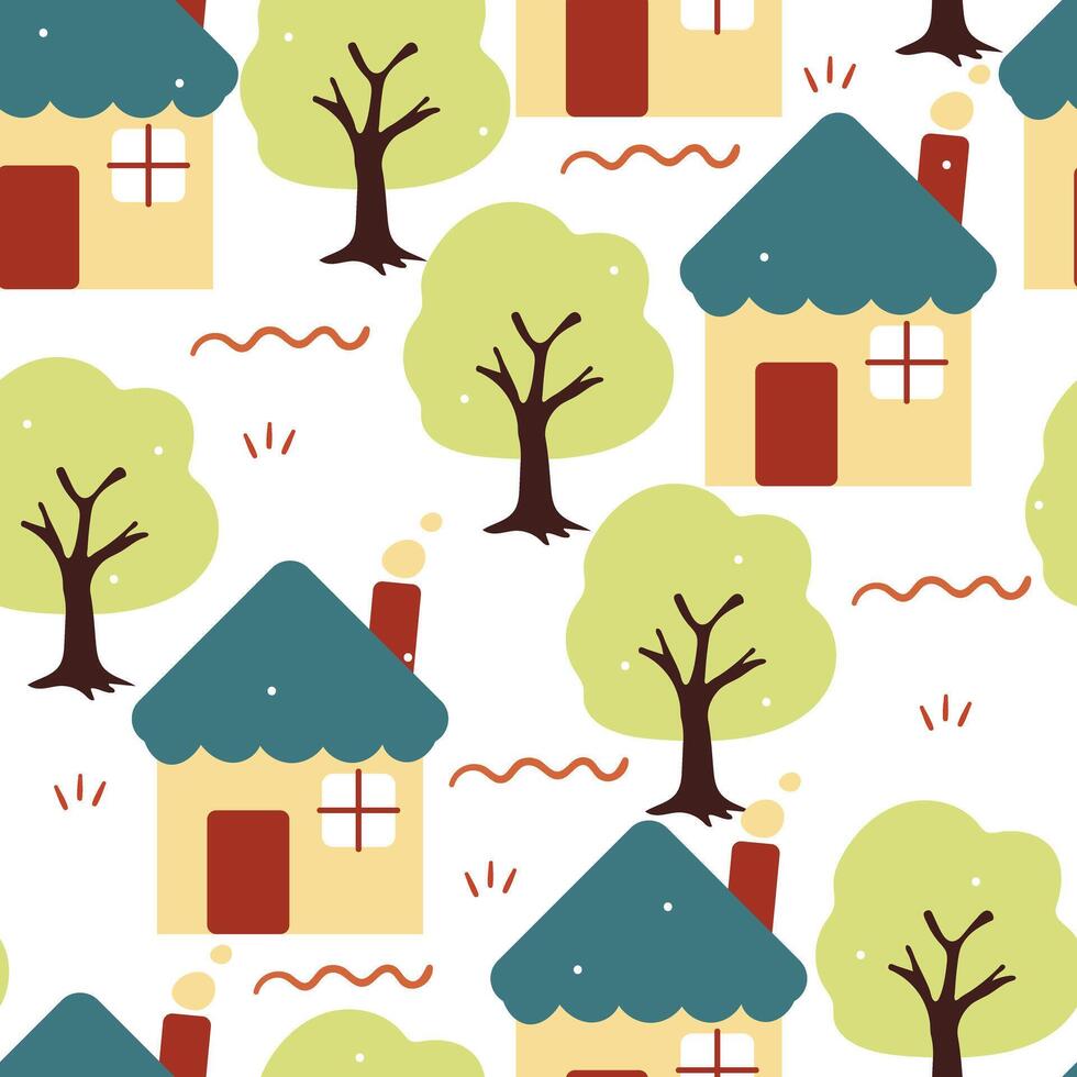 cute seamless pattern little house with tree and plant. cute wallpaper for gift wrap paper vector