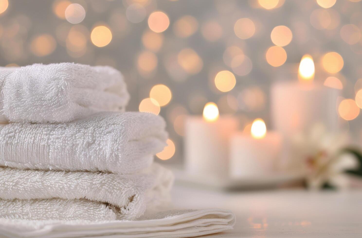 Cozy Spa Setting With Soft White Towels and Flickering Candles at Evening photo