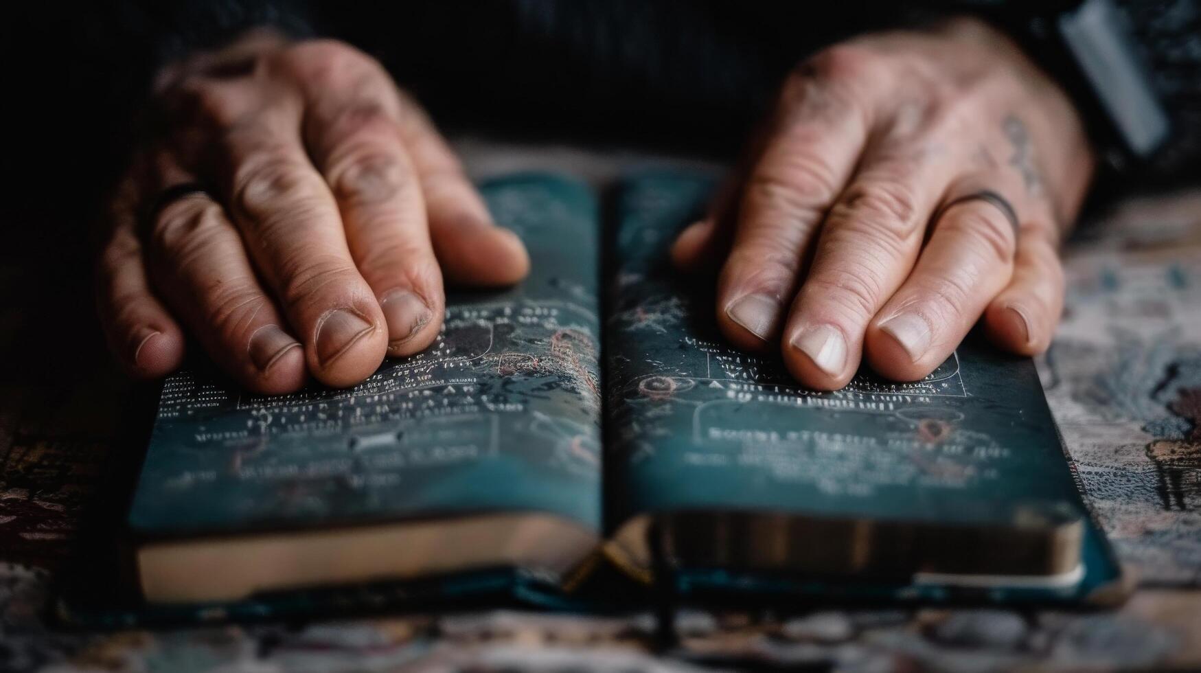 Hands on Open Book With Intricate Patterns in a Softly Lit Environment photo