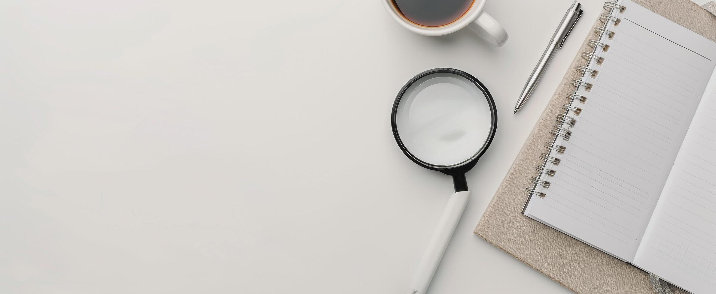 Magnifying Glass on Notepad With Pen and Succulent Plant on White Surface photo