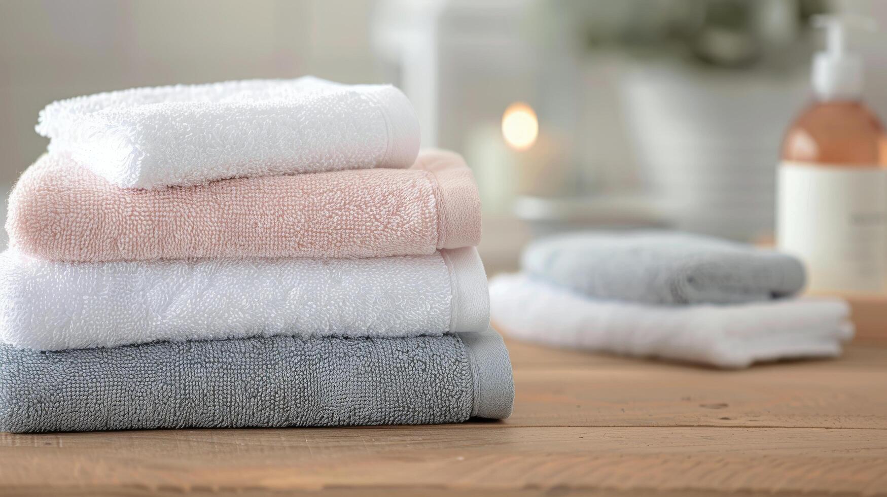 Soft Towels Stacked Neatly on Wooden Table in Cozy Bathroom Setting photo