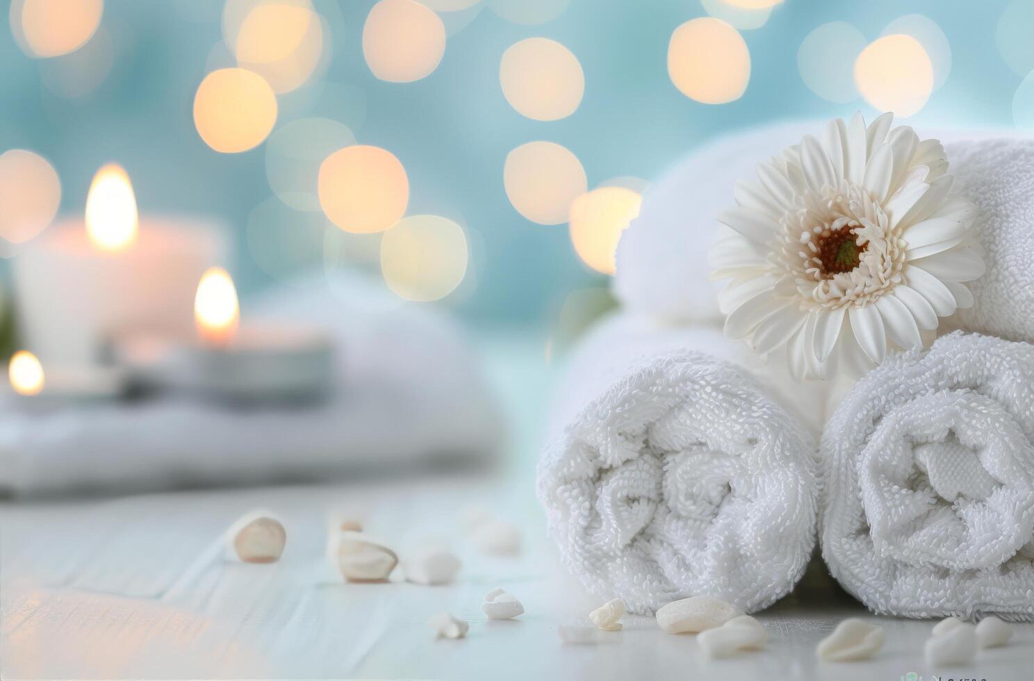Cozy Spa Setting With Soft White Towels and Flickering Candles at Evening photo