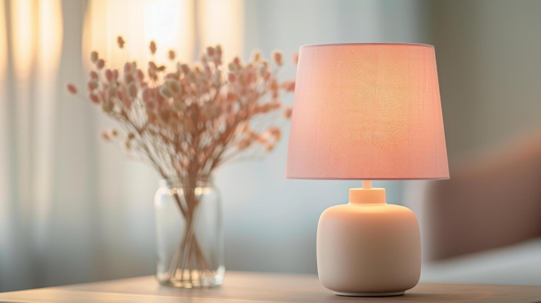 Soft Glow of Table Lamp in Modern Bedroom With Cozy Textiles and Natural Light photo