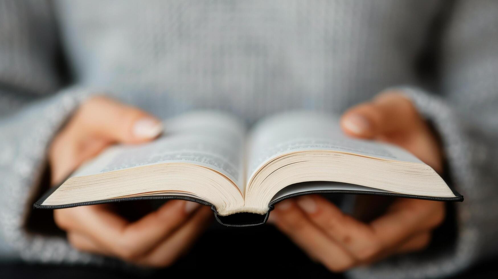 Hands on Open Book With Intricate Patterns in a Softly Lit Environment photo