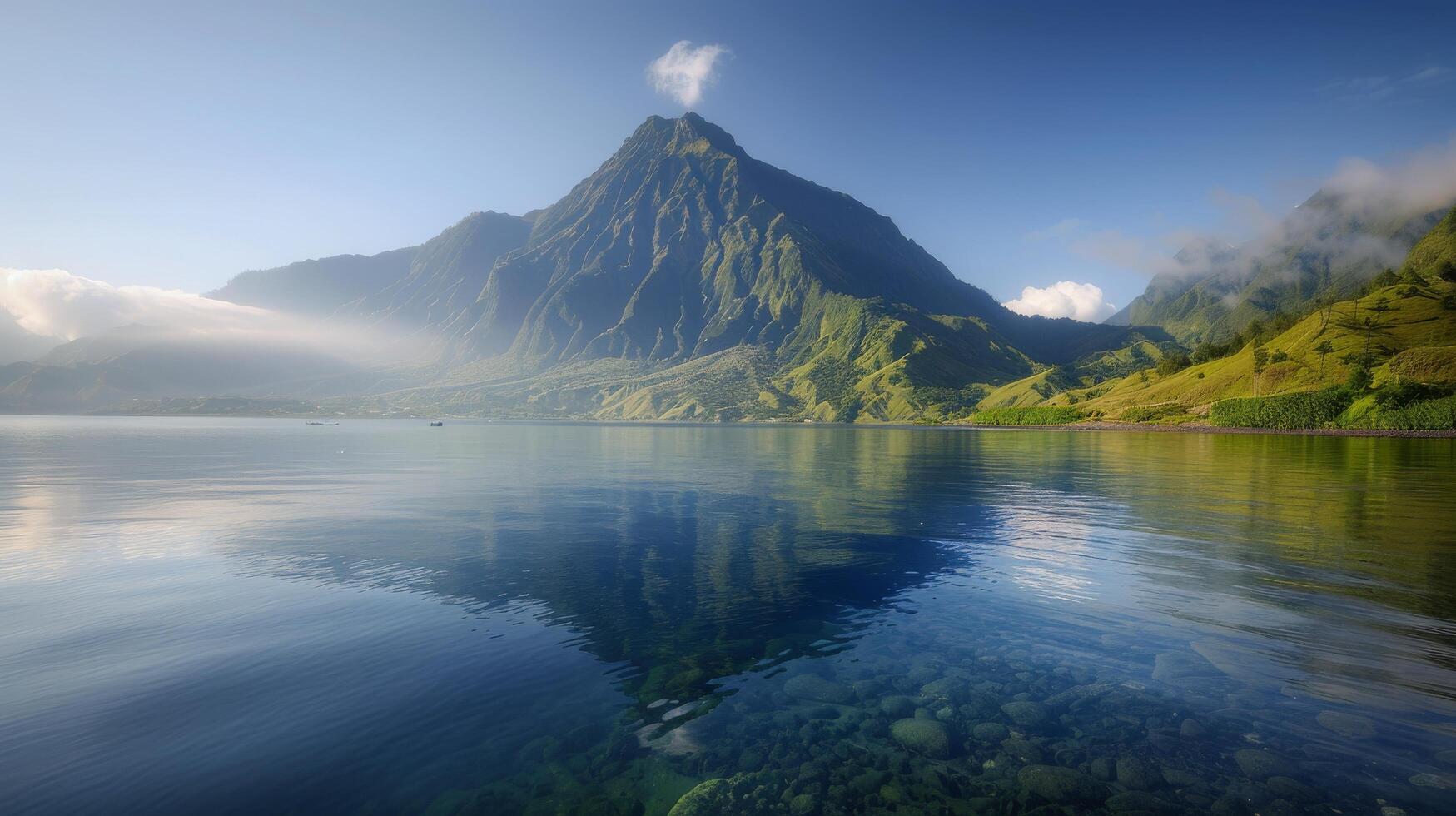 Majestic Mountain Reflected in Calm Lake Under Clear Blue Sky photo