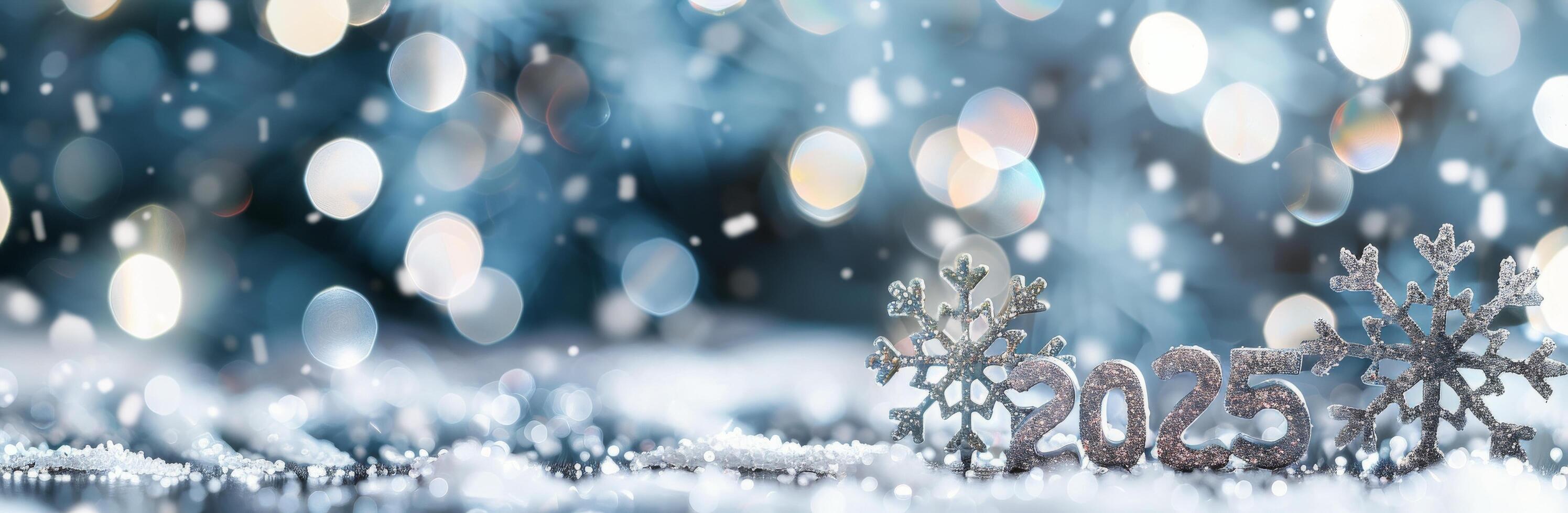 Silver Snowflakes and 2025 Displayed on a Sparkling Surface With Soft Winter Lights photo