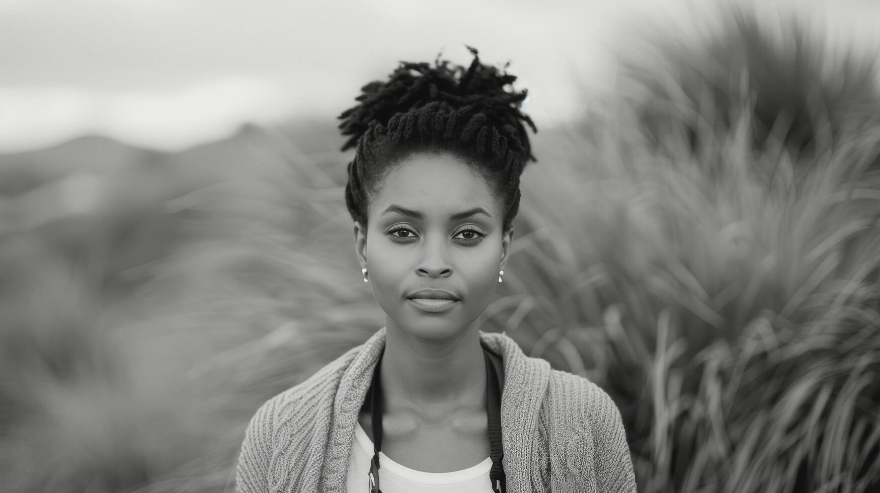 Portrait of a Woman With Natural Hair in a Landscape Setting on a Cloudy Day photo