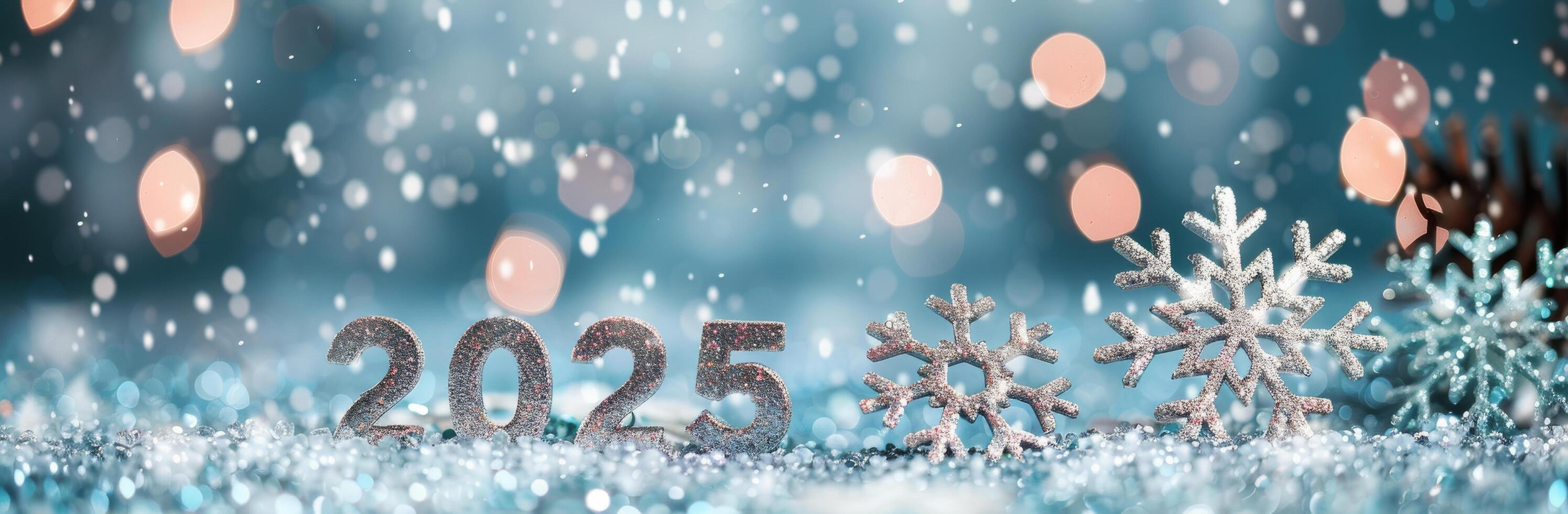Silver Snowflakes and 2025 Displayed on a Sparkling Surface With Soft Winter Lights photo