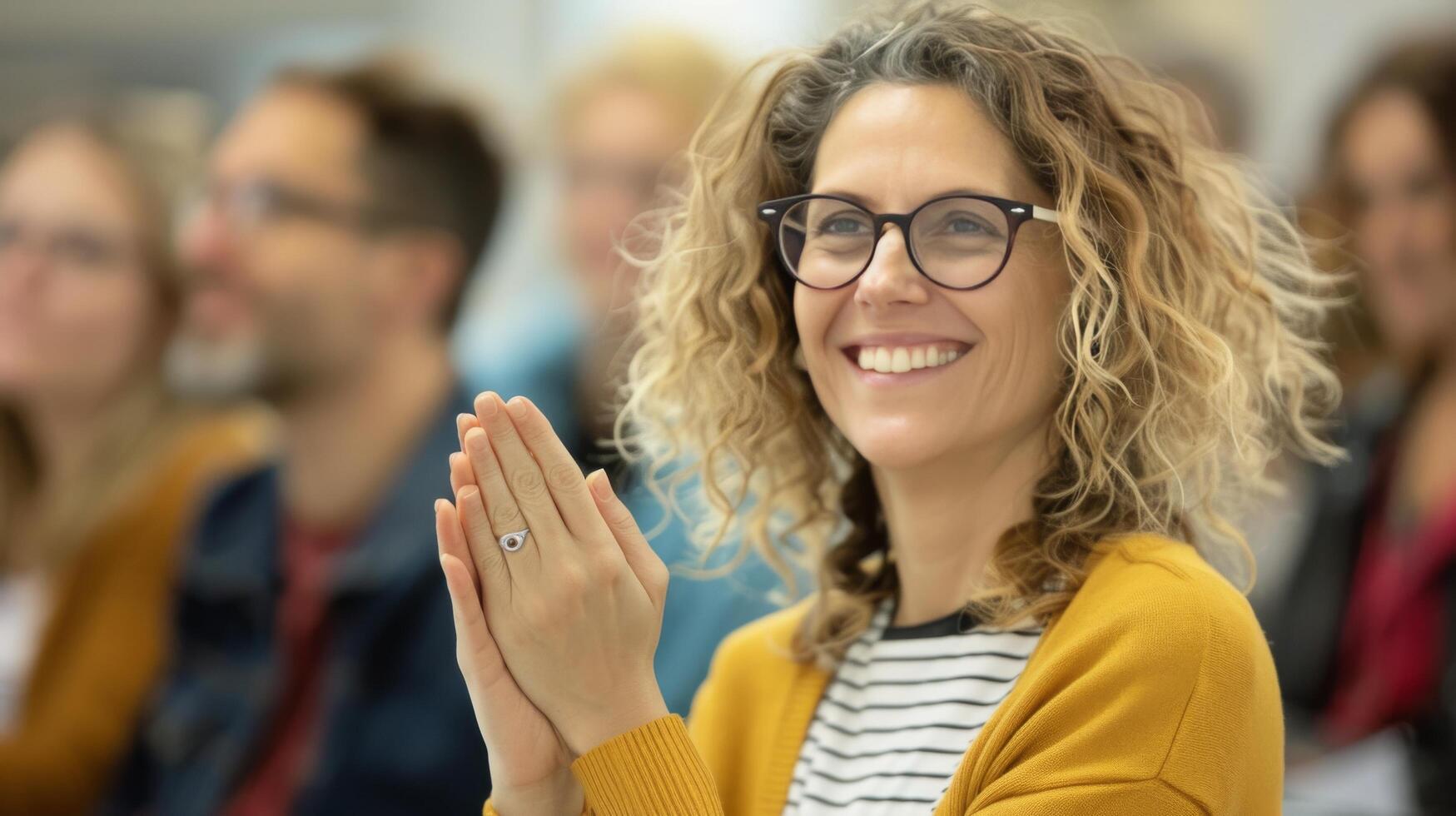 Smiling Woman Clapping at a Conference During Daytime Event photo