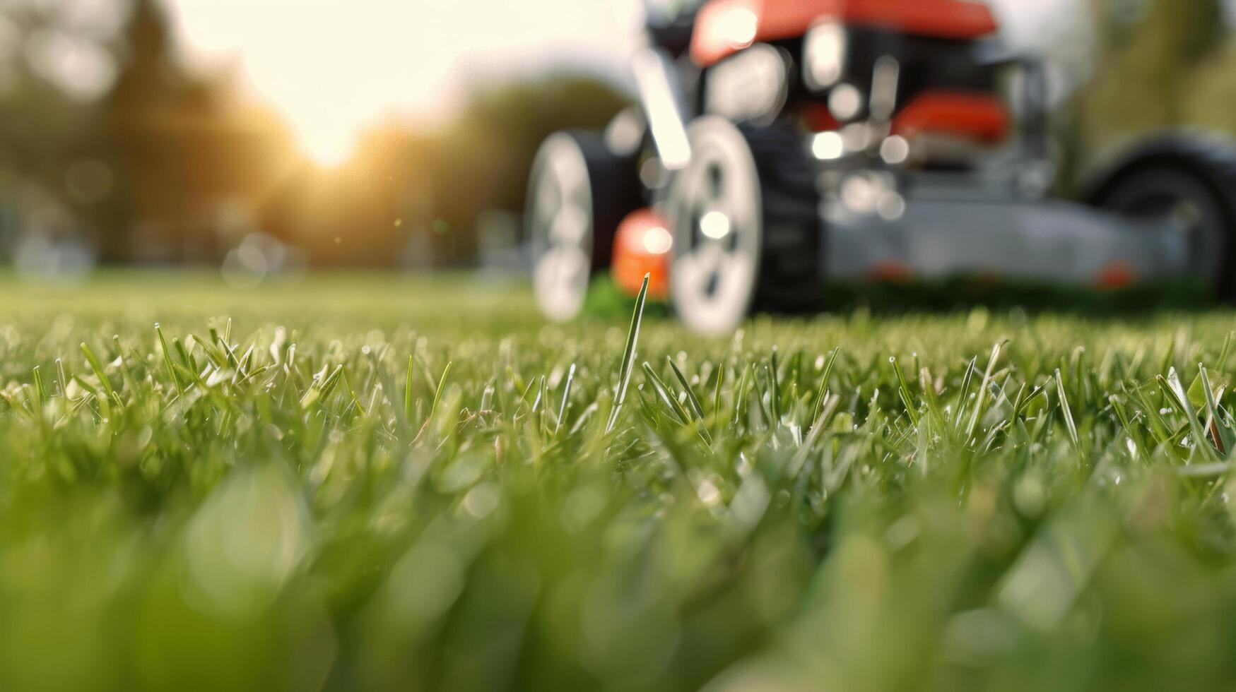 Lawn Mowing at Sunset in a Residential Neighborhood photo