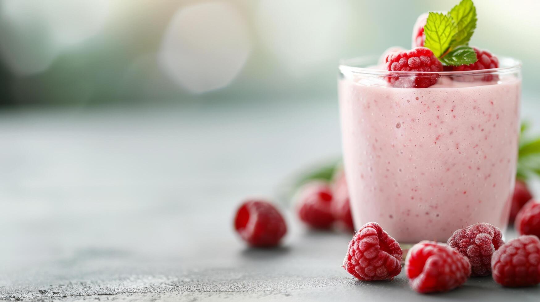 Refreshing Raspberry Smoothie With Fresh Berries on a Gray Background photo