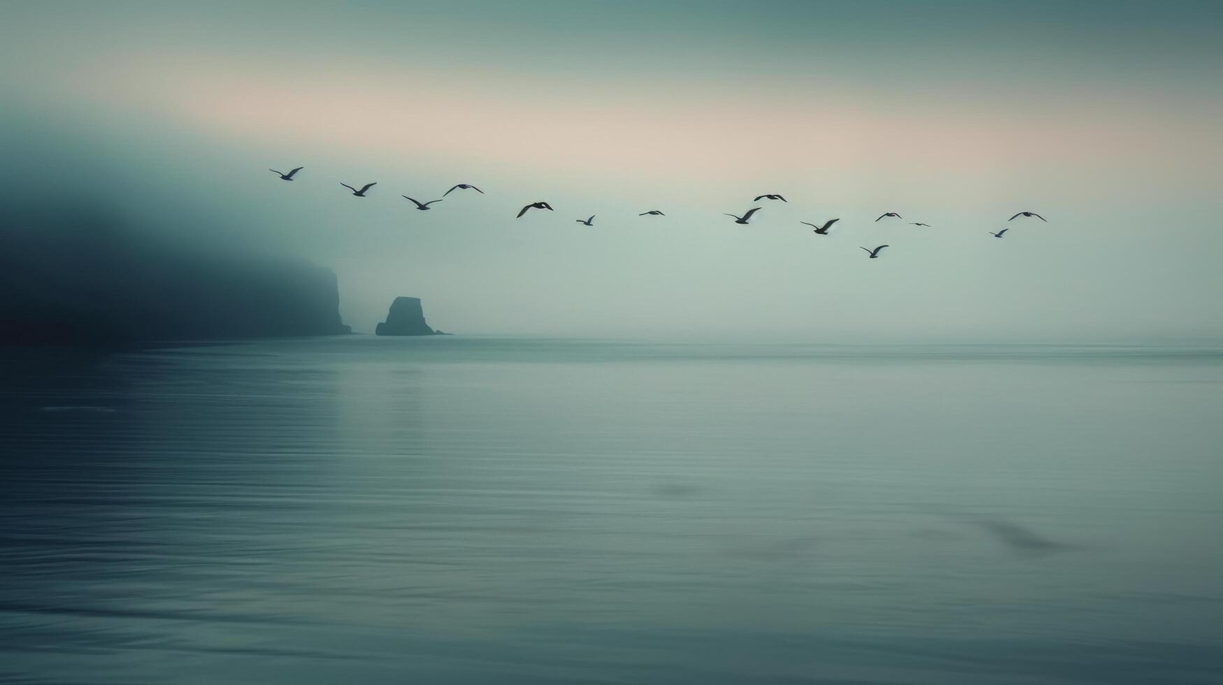 Birds Flying Over Calm Water at Dusk Near Rocky Outcrop photo
