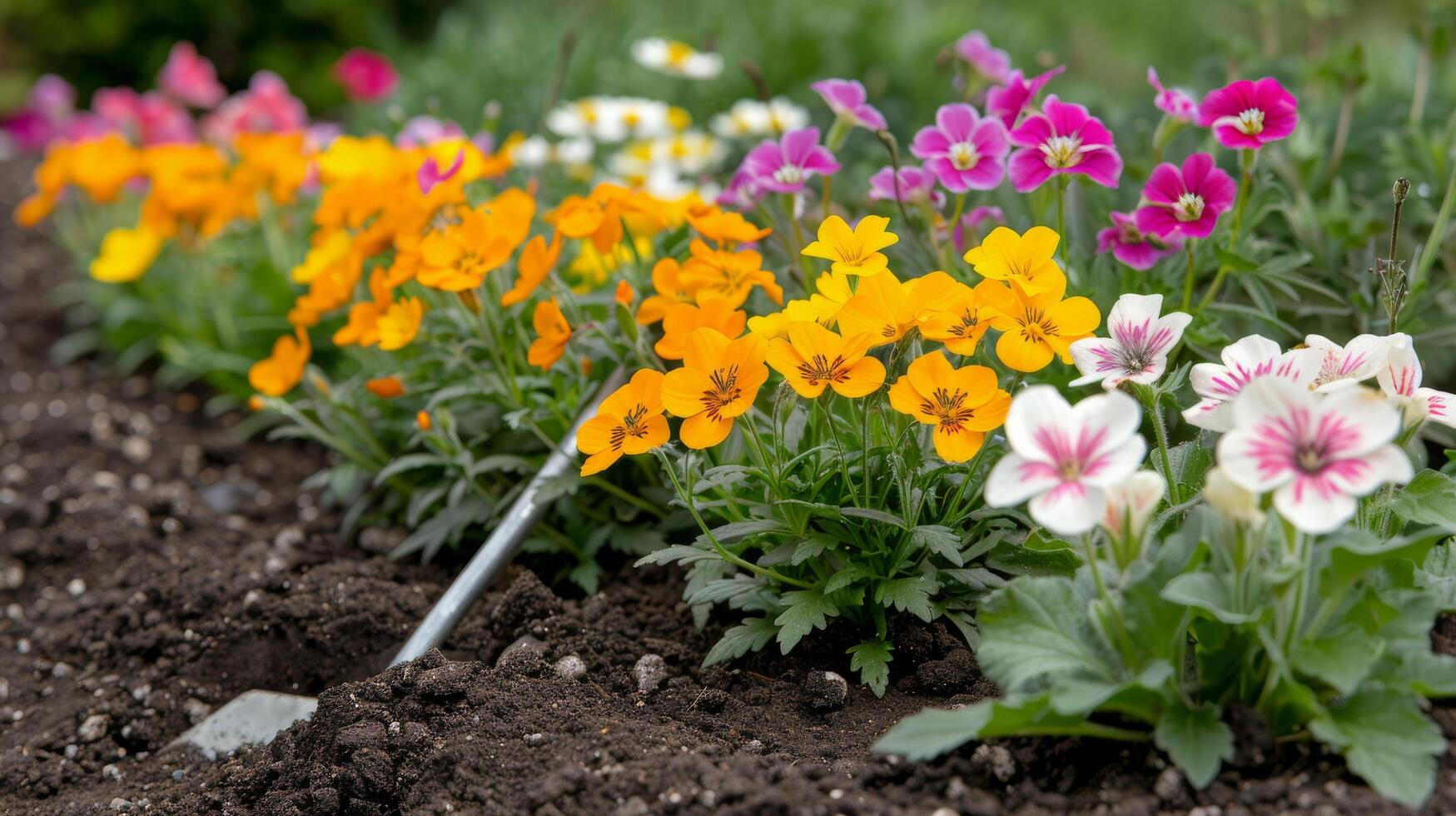 Gardening in Springtime With Colorful Flowers and Soil Preparation photo