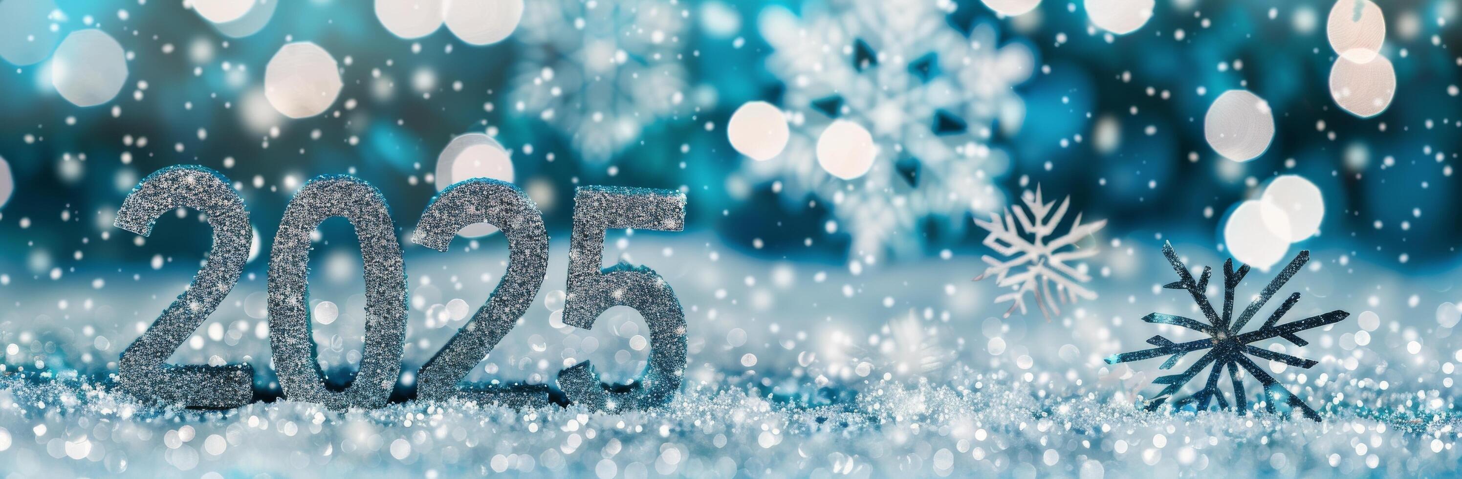 Silver Snowflakes and 2025 Displayed on a Sparkling Surface With Soft Winter Lights photo