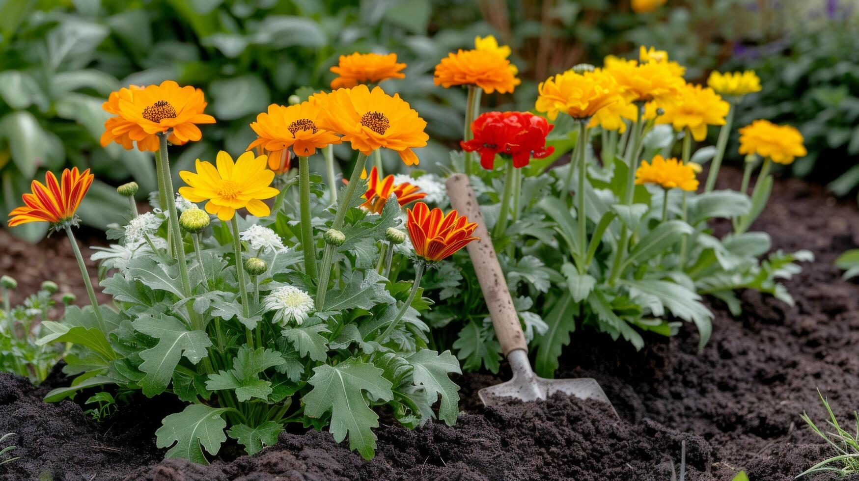 Gardening in Springtime With Colorful Flowers and Soil Preparation photo