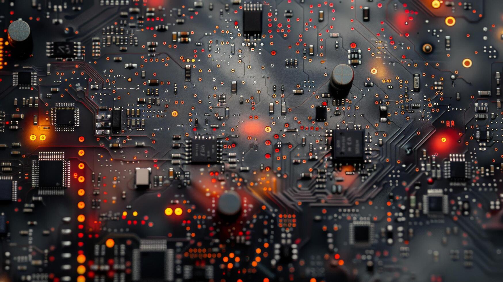 Close-Up of Circuit Board With Microprocessor and Glowing Components in Dark Background photo