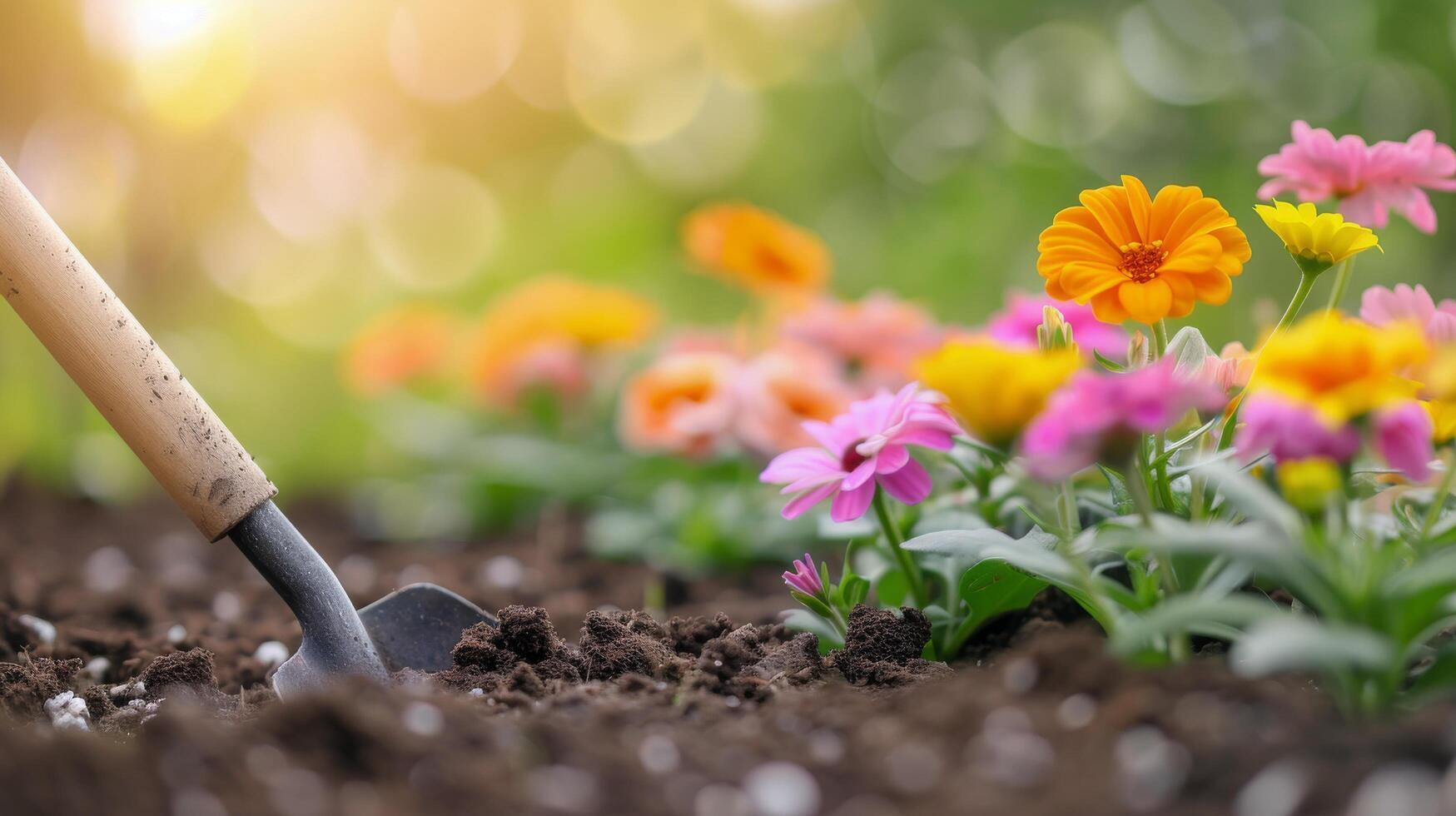 Gardening in Springtime With Colorful Flowers and Soil Preparation photo
