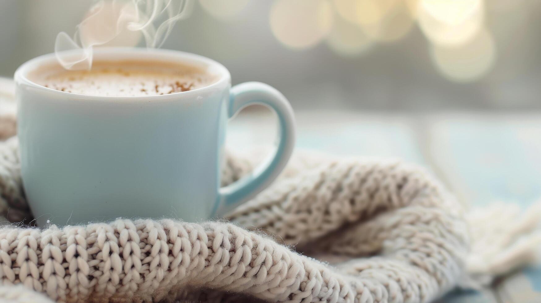 Warm Coffee Cup Surrounded by Cozy Knit Blanket in Soft Morning Light photo