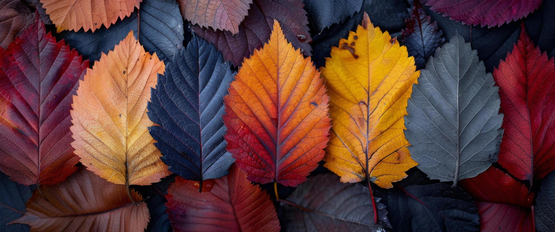 Colorful Autumn Leaves Arranged on Dark Background in Natural Display photo