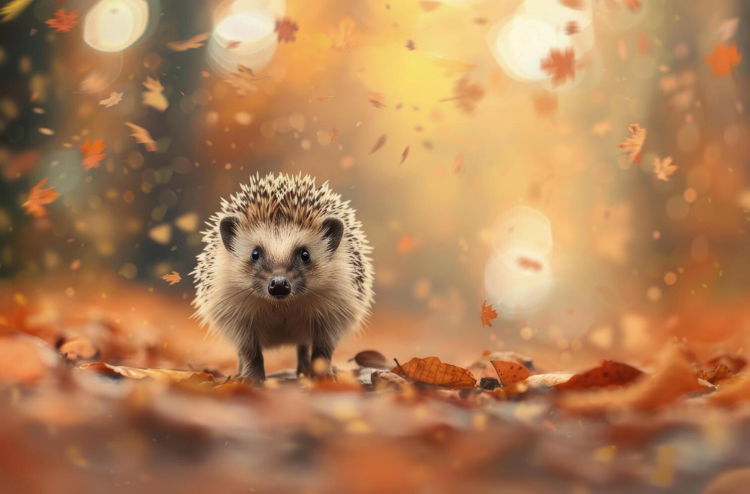 Hedgehog in Autumn Leaves With Falling Leaves in a Forest Setting photo