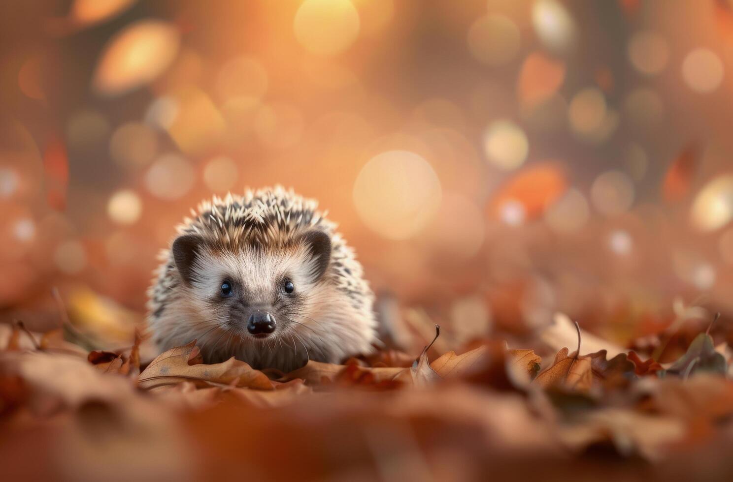 Hedgehog in Autumn Leaves With Falling Leaves in a Forest Setting photo