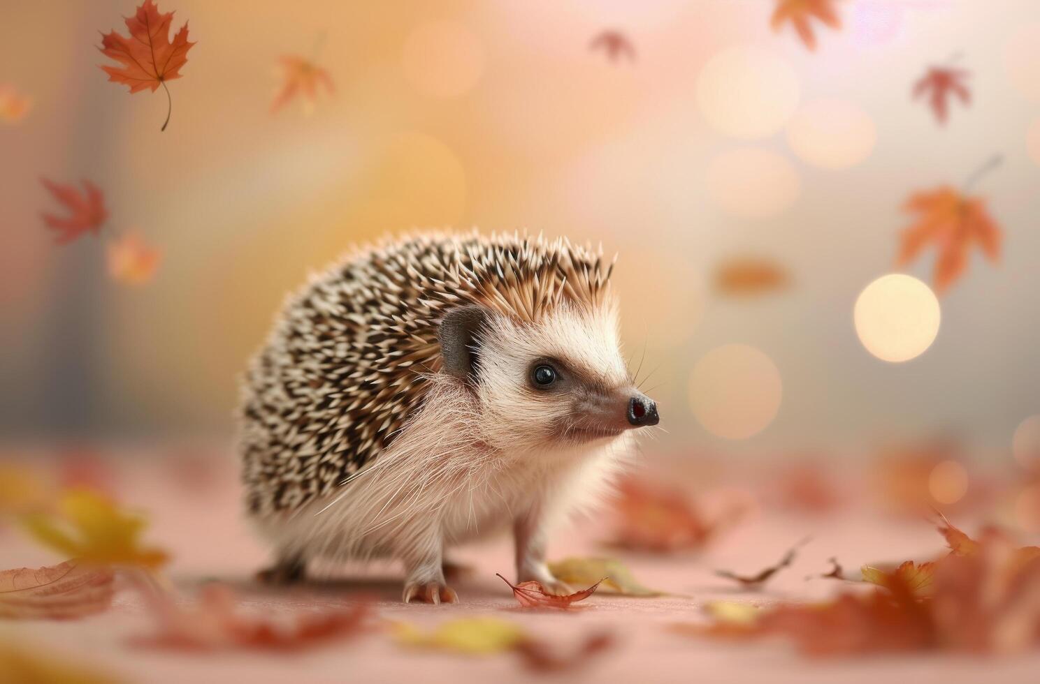Hedgehog in Autumn Leaves With Falling Leaves in a Forest Setting photo