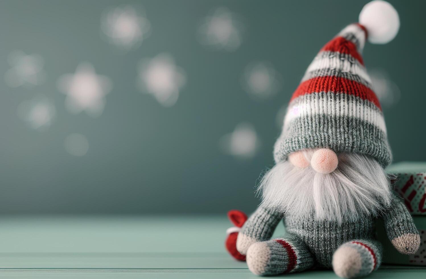 Cozy Handcrafted Knitted Snowman Toy With Red and Gray Hat on Light Green Background photo