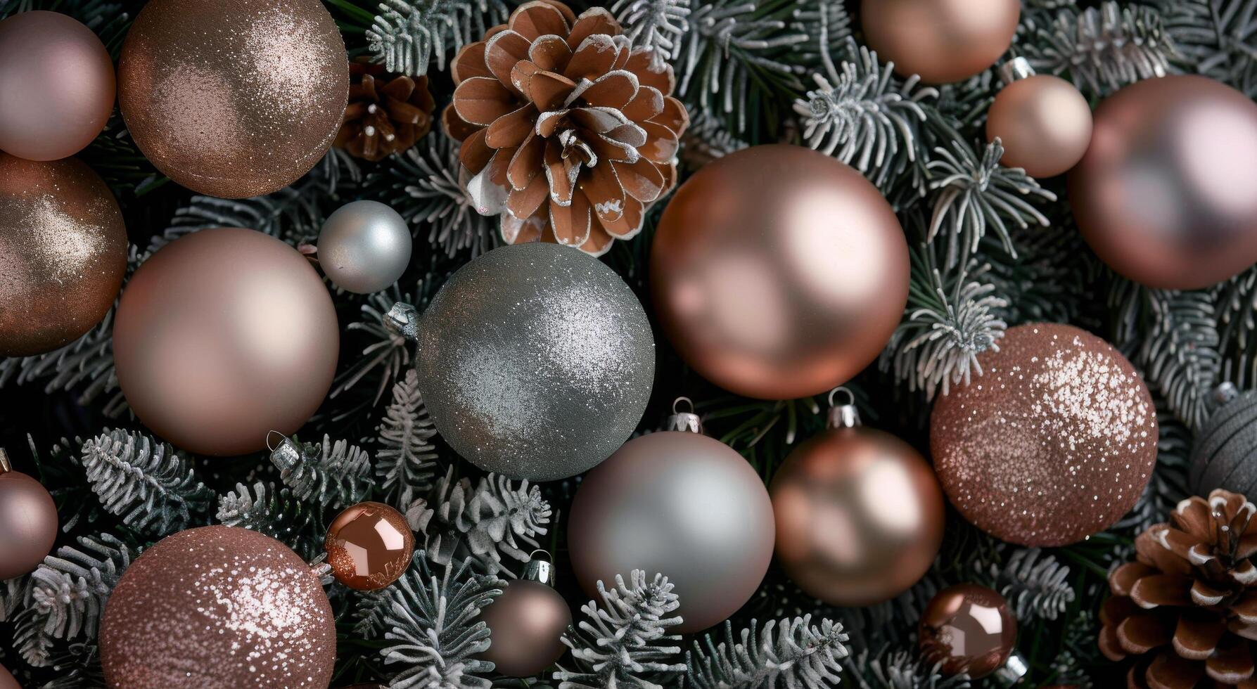 Elegant Christmas Tree Decorated With Ornaments and Pinecones in Soft Evening Light photo