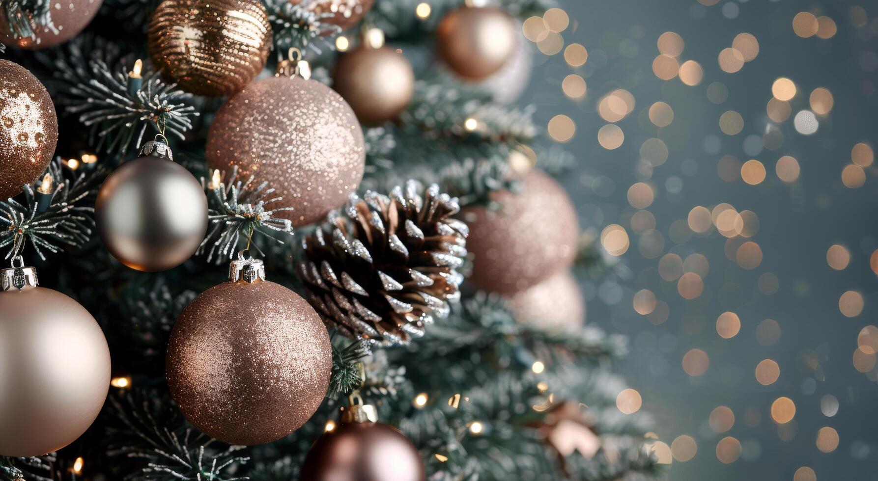 Elegant Christmas Tree Decorated With Ornaments and Pinecones in Soft Evening Light photo