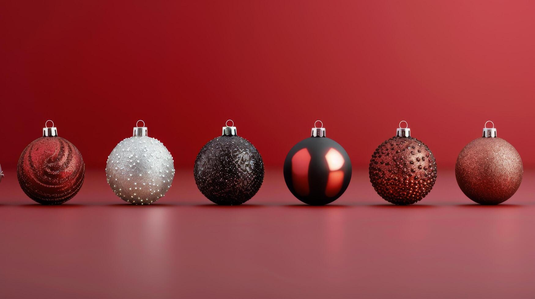 Colorful Christmas Ornaments Displayed on Red Background in Festive Arrangement photo