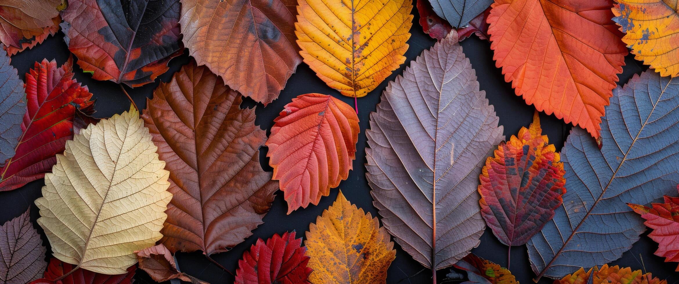 Colorful Autumn Leaves Arranged on Dark Background in Natural Display photo