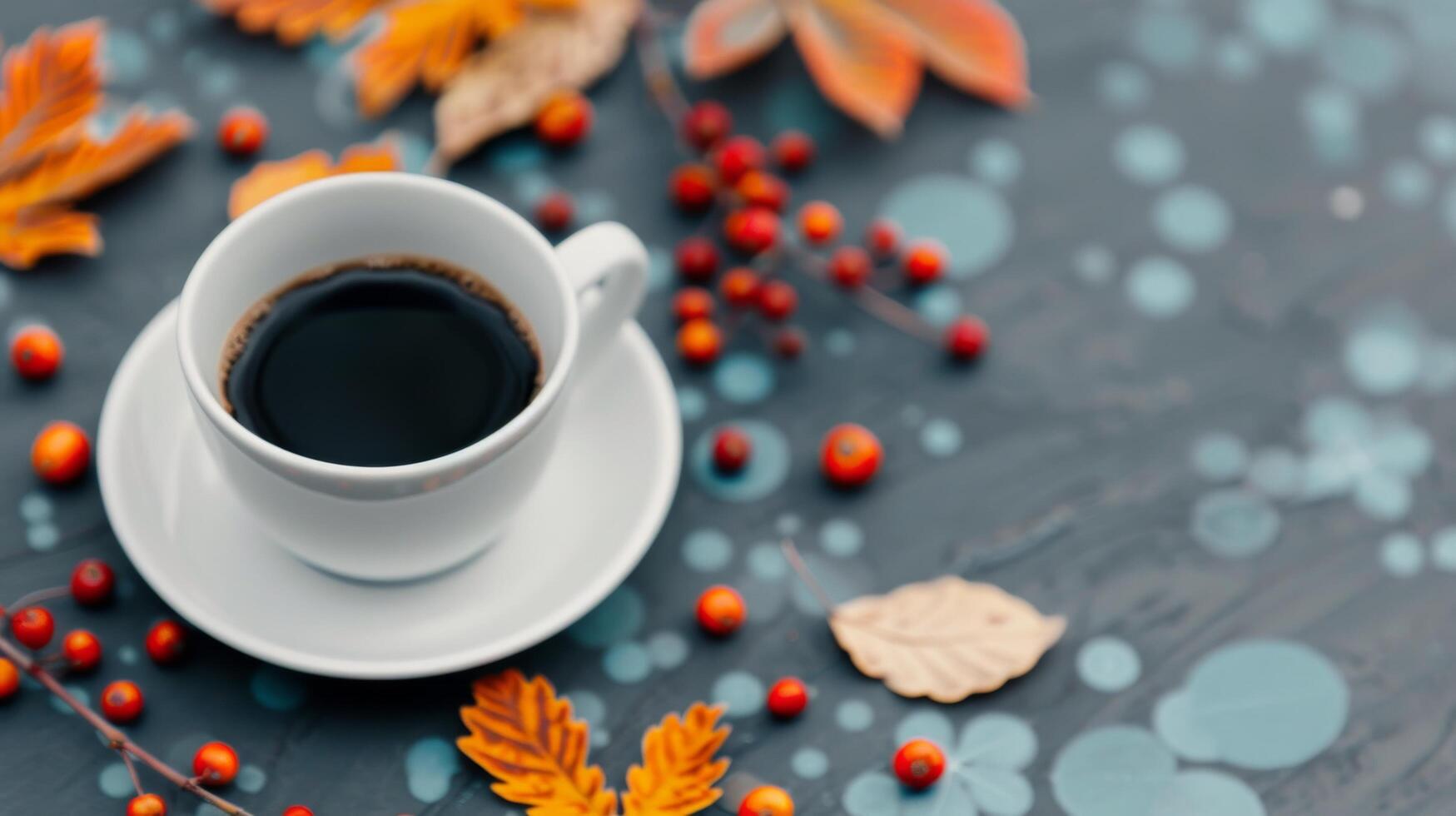Cozy Coffee Cup Surrounded by Autumn Leaves and Berries on a Rustic Table photo