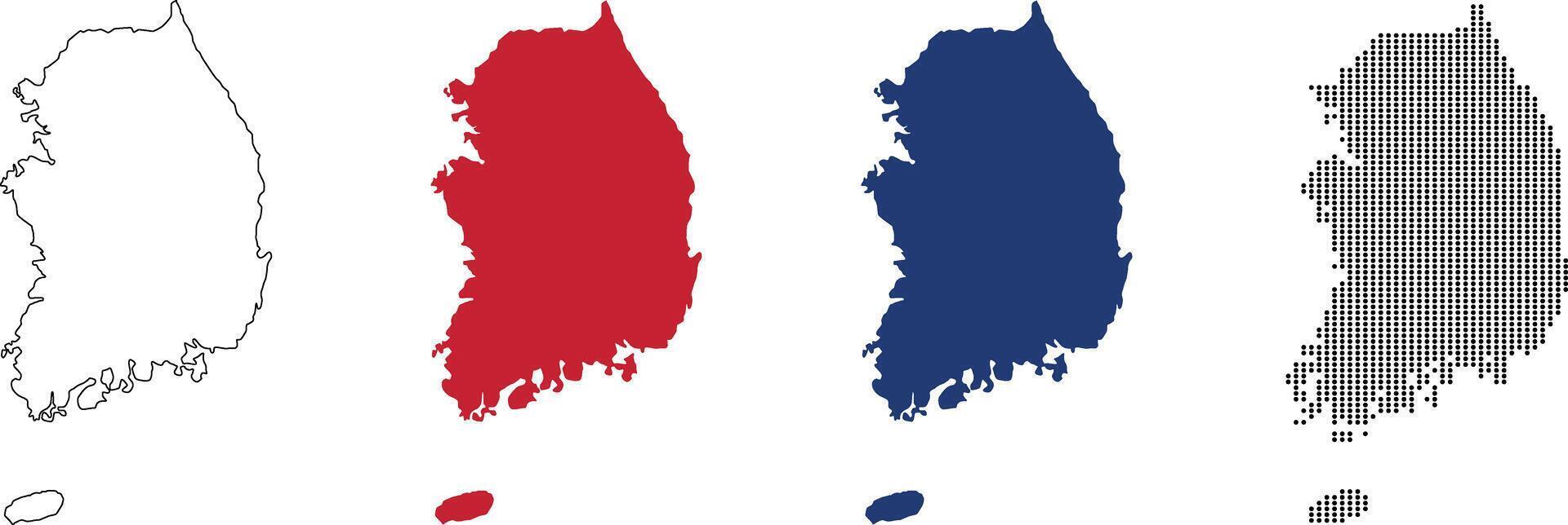 soutsouth korea map in various style outline, red, blue, dotted style. vector