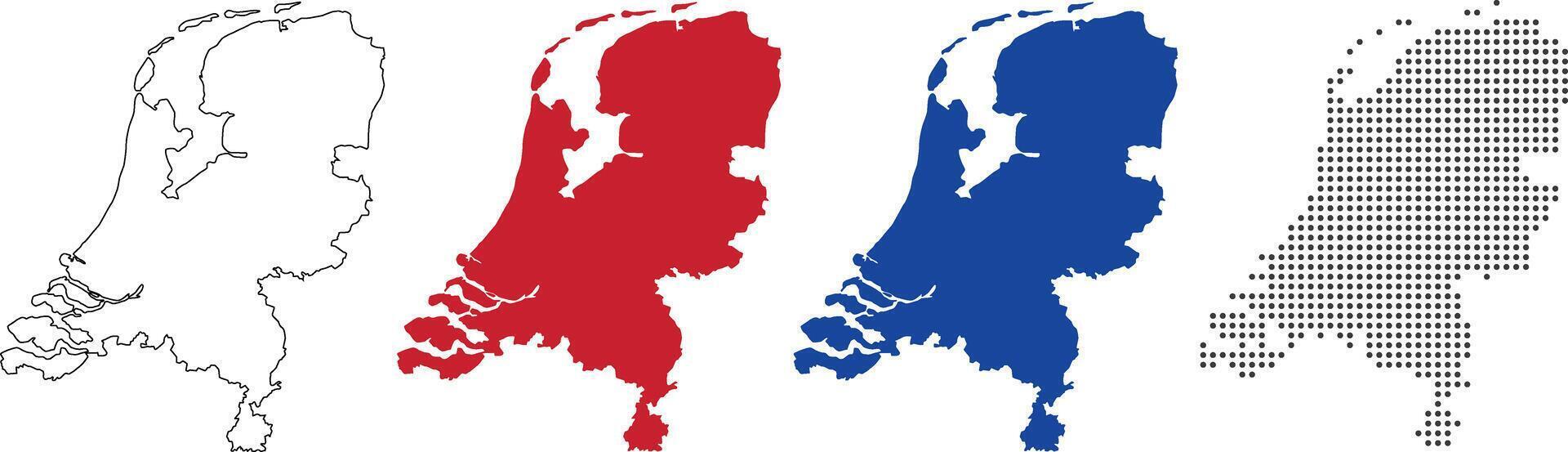 Netherlands map in outline style, red color, blue color, dotted style vector