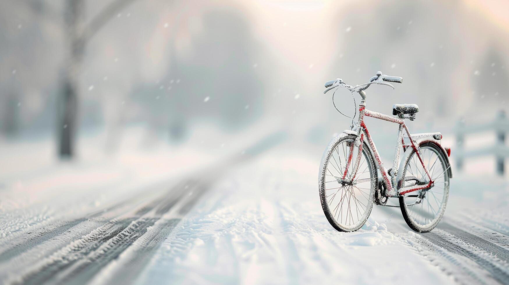 Bicycle Along a Snowy Path in Winter Near a Quiet Rural Road photo