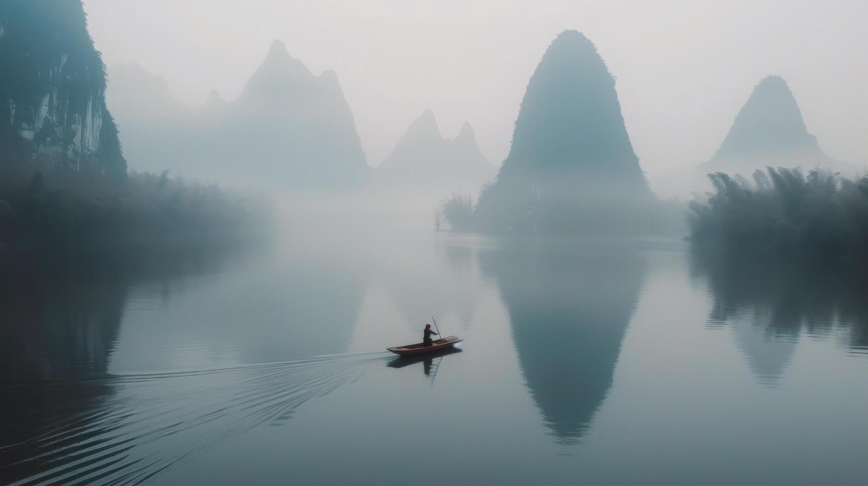 Rowboat Gliding Across Calm River at Dawn Near Misty Mountains photo