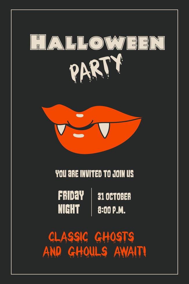 Retro Halloween party invitation. Vampire smile vampire black background. vector