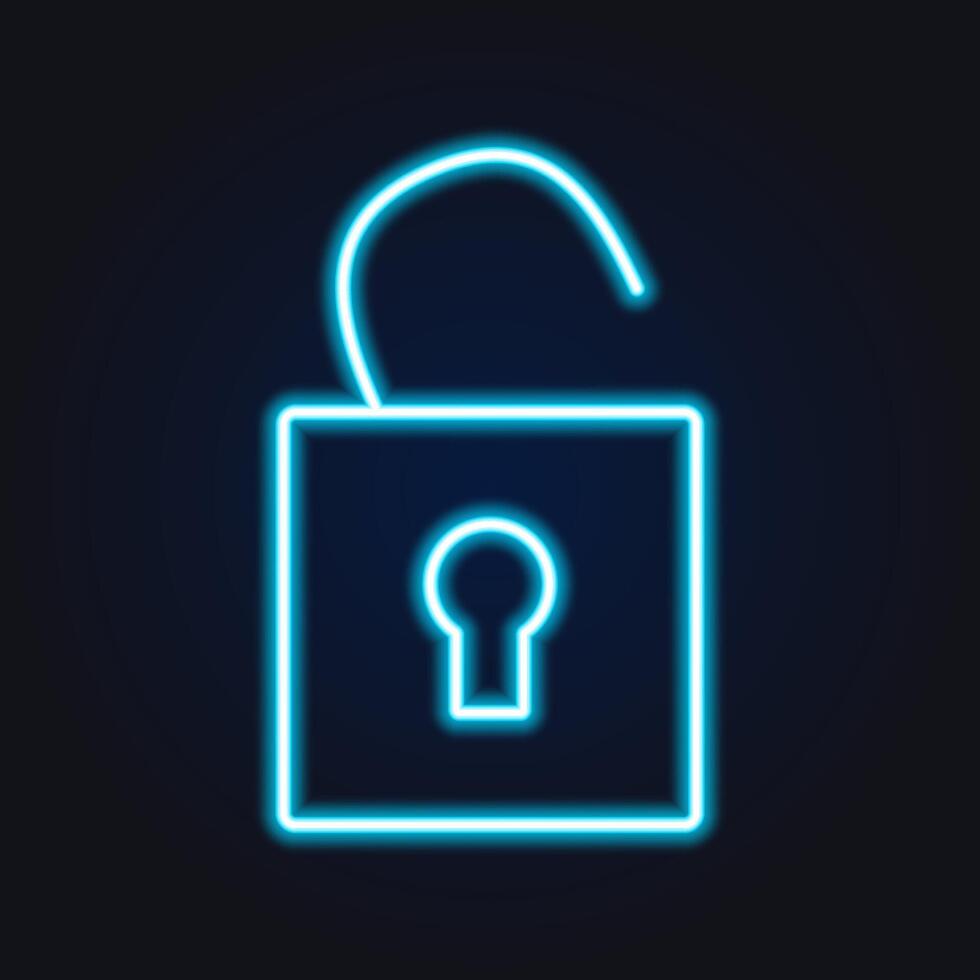 Icon neon, luminous lock blue open . vector