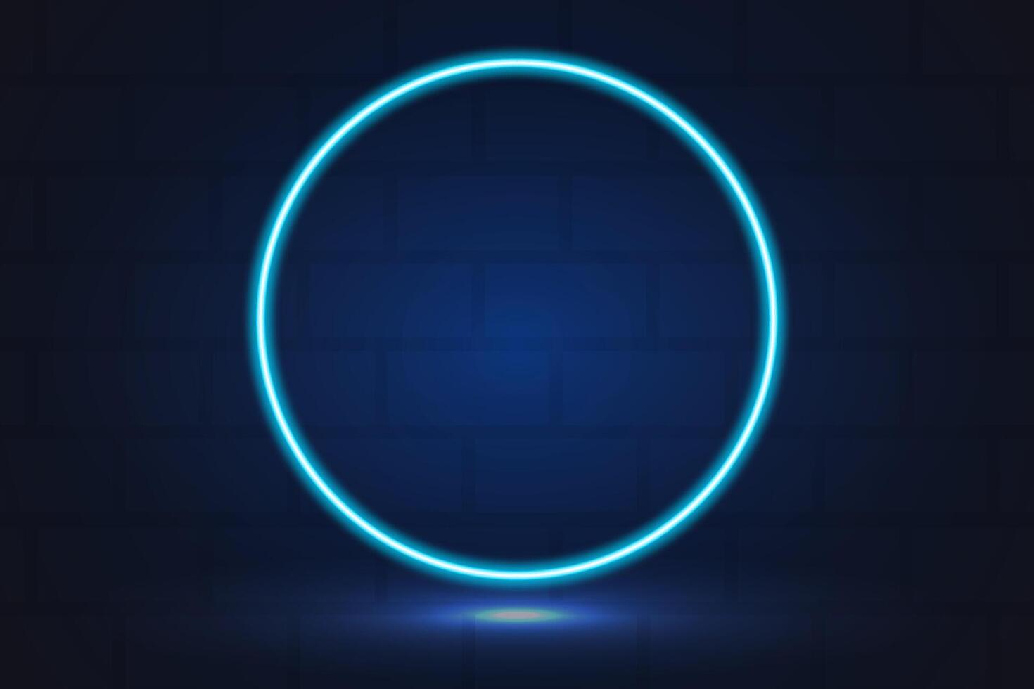 Neon glowing circle, sign, frame in blue colour with brick wall on background. vector