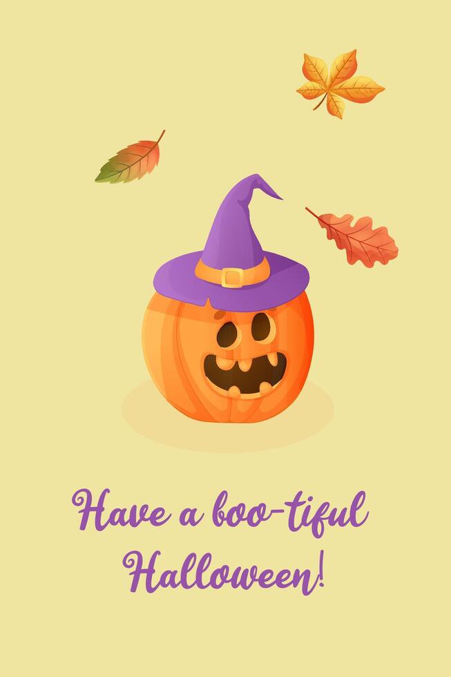 Halloween card in cartoon style. Pumpkin and greeting. vector