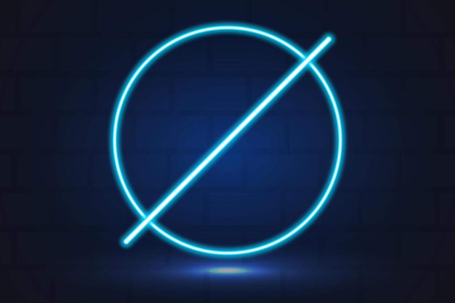 Neon glowing circle, crossed out sign, frame in blue colour with brick wall on background. vector