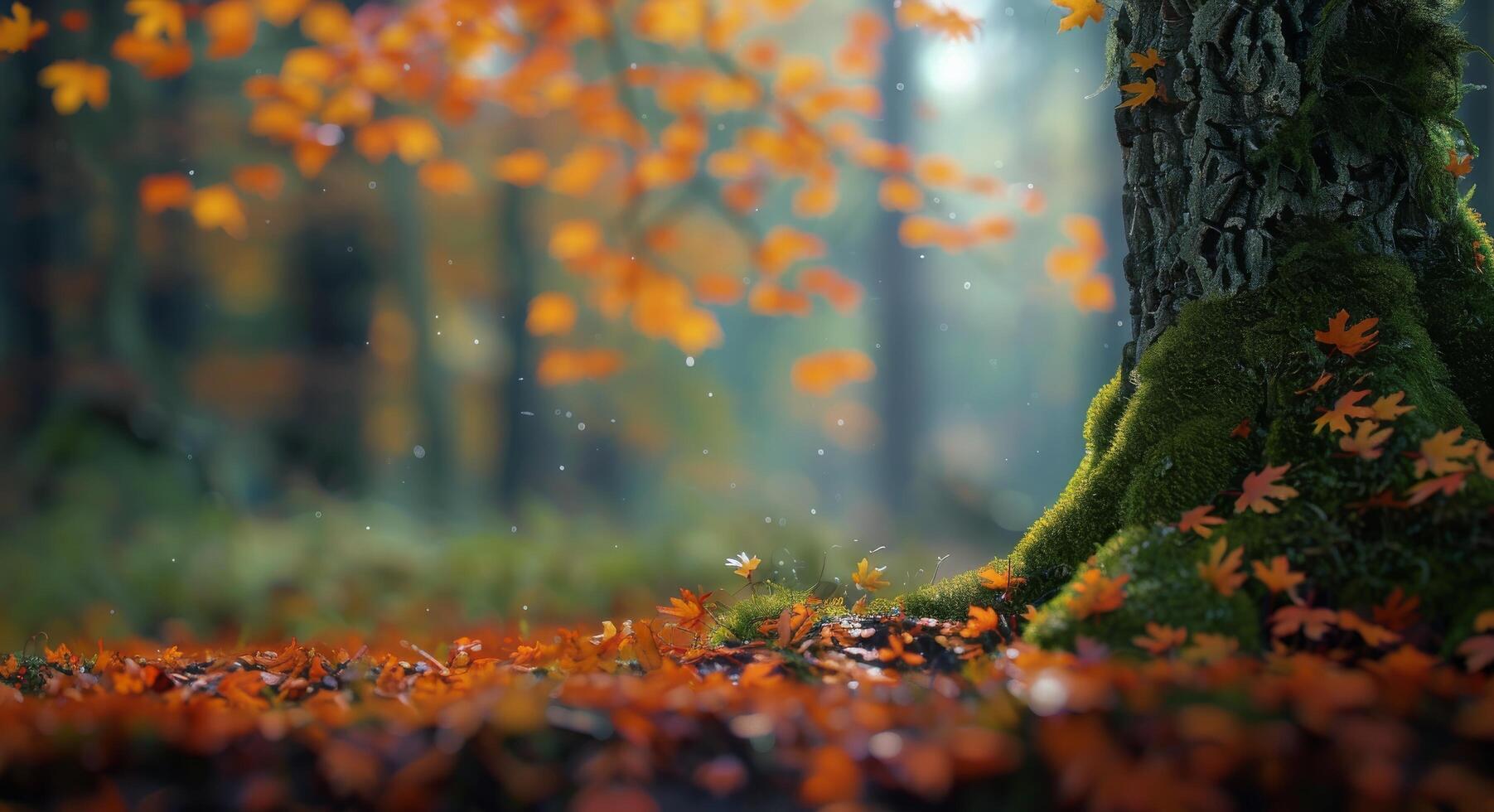 Majestic Autumn Tree Surrounded by Vibrant Fallen Leaves in Foggy Forest photo