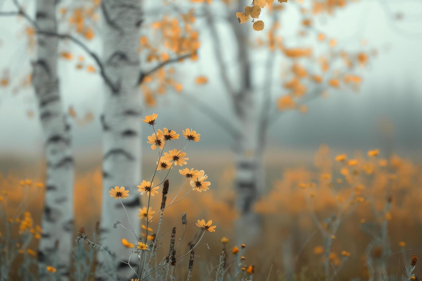 Autumn Meadow With Yellow Flowers and Birch Trees in Soft Morning Fog photo