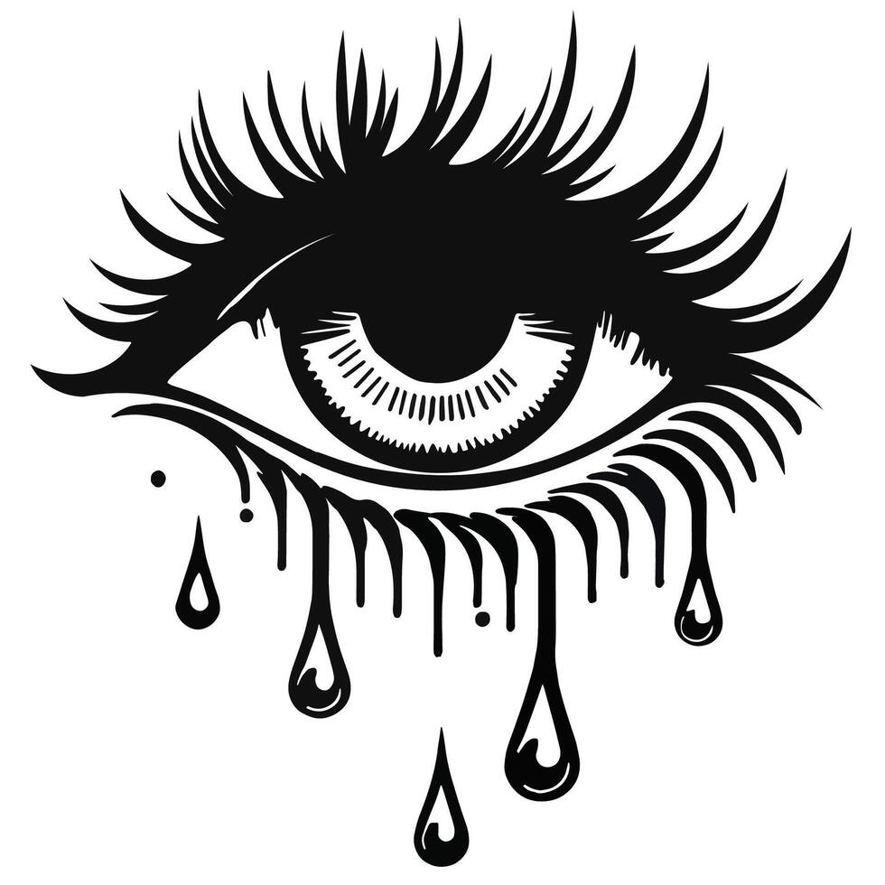 crying eye with long lashes, tears dripping down face vector