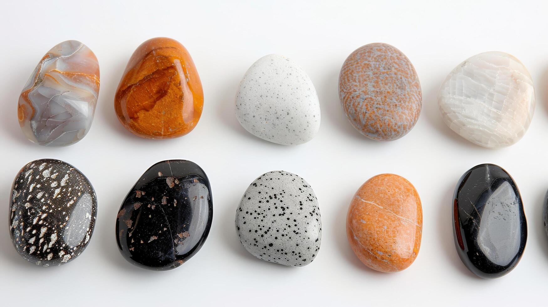 Colorful Variety of Polished Stones Displayed in a Row on a White Surface photo