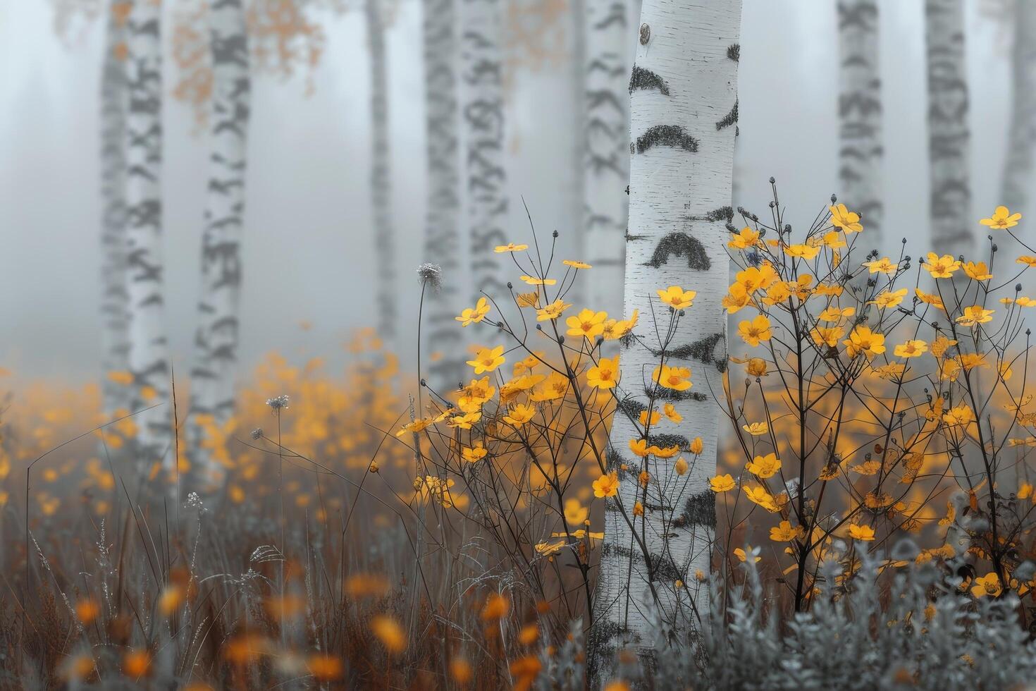 Autumn Meadow With Yellow Flowers and Birch Trees in Soft Morning Fog photo